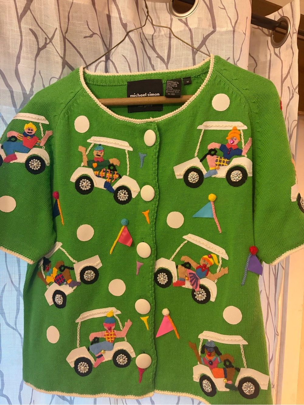 Michael Simon Bright Green Novelty Golf Cart Cardigan with White Accents